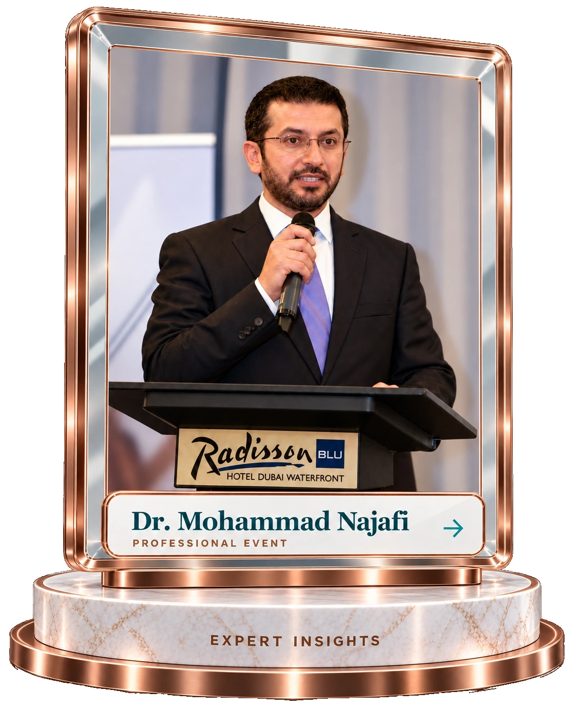 Dr. Mohammad Najafi speaking at a professional event at Radisson Blu Hotel Dubai Waterfront